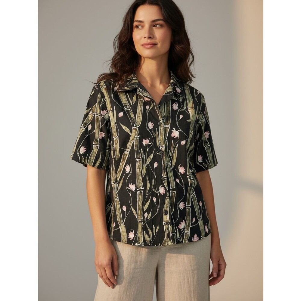 Columbia River Resort Shirt Womens XL Black Green Bamboo Floral Button Up Top